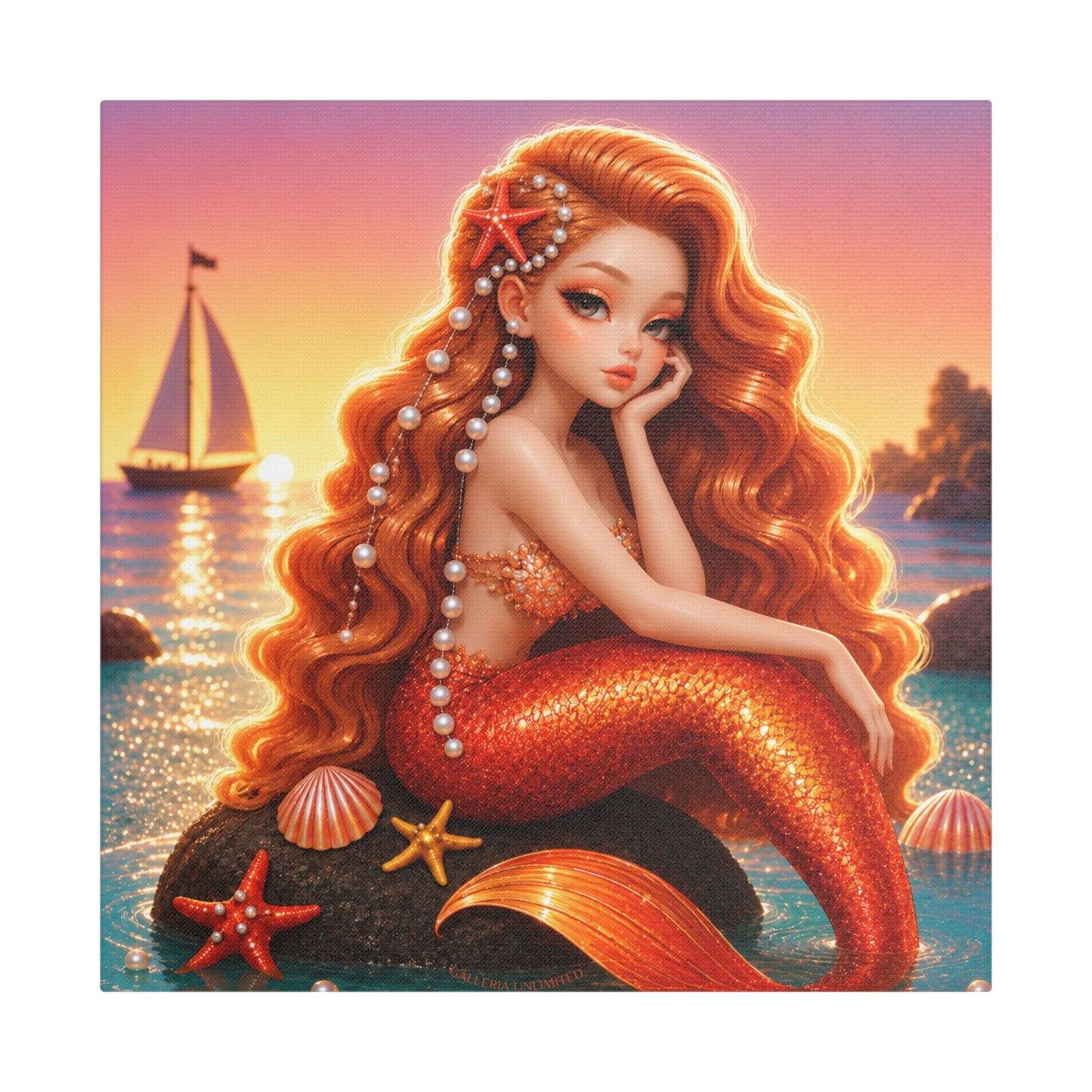 Sirens of the Gilded Sea | Pearl Tide, Satin Stretched Canvas Print