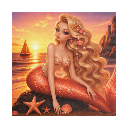 Sirens of the Gilded Sea | Golden Seaside, Satin Stretched Canvas Print