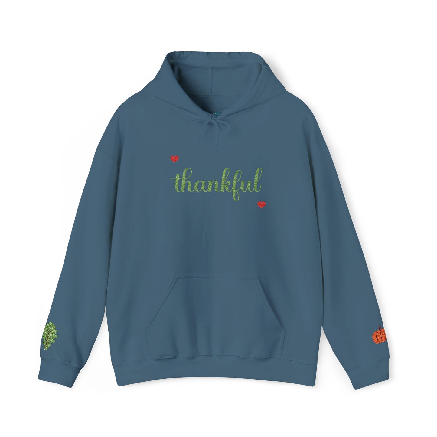 The Thankful Edit1 |Light Green Embroidered Thankful Hoodie, red hearts (multiple colors)