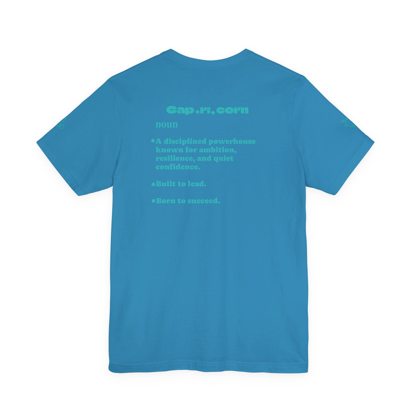Capricorn | Word Art Graphic Tee2 (turquoise)--"Capricorn" Definition on Back
