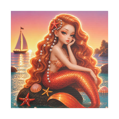Sirens of the Gilded Sea | Pearl Tide, Satin Stretched Canvas Print