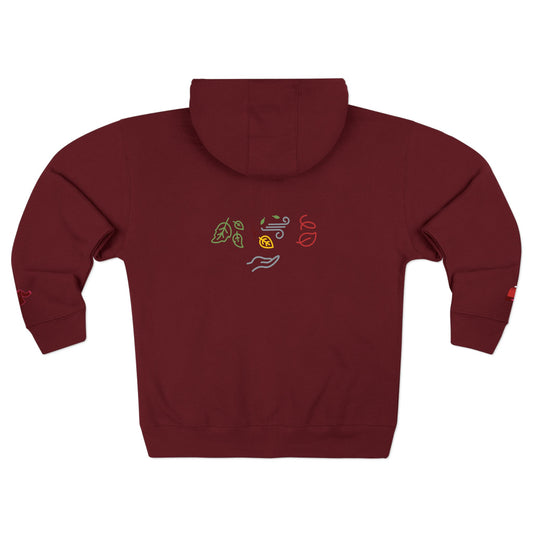 Harvest Haze 6 | 'Sweater Weather' Graphic Icon Zip Hoodie (non-embroidered) — Cozy Fall Hoodie with Autumn Icons, front and back design