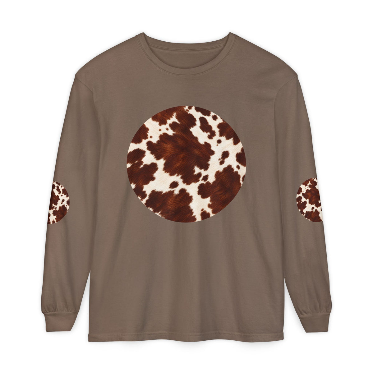 Cow| Brown & Cream Cowhide Circle Patch Long Sleeve Tee (Elbow Accents), multiple colors