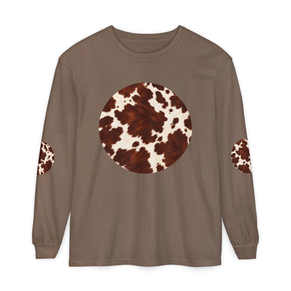 Cow| Brown & Cream Cowhide Circle Patch Long Sleeve Tee (Elbow Accents), multiple colors
