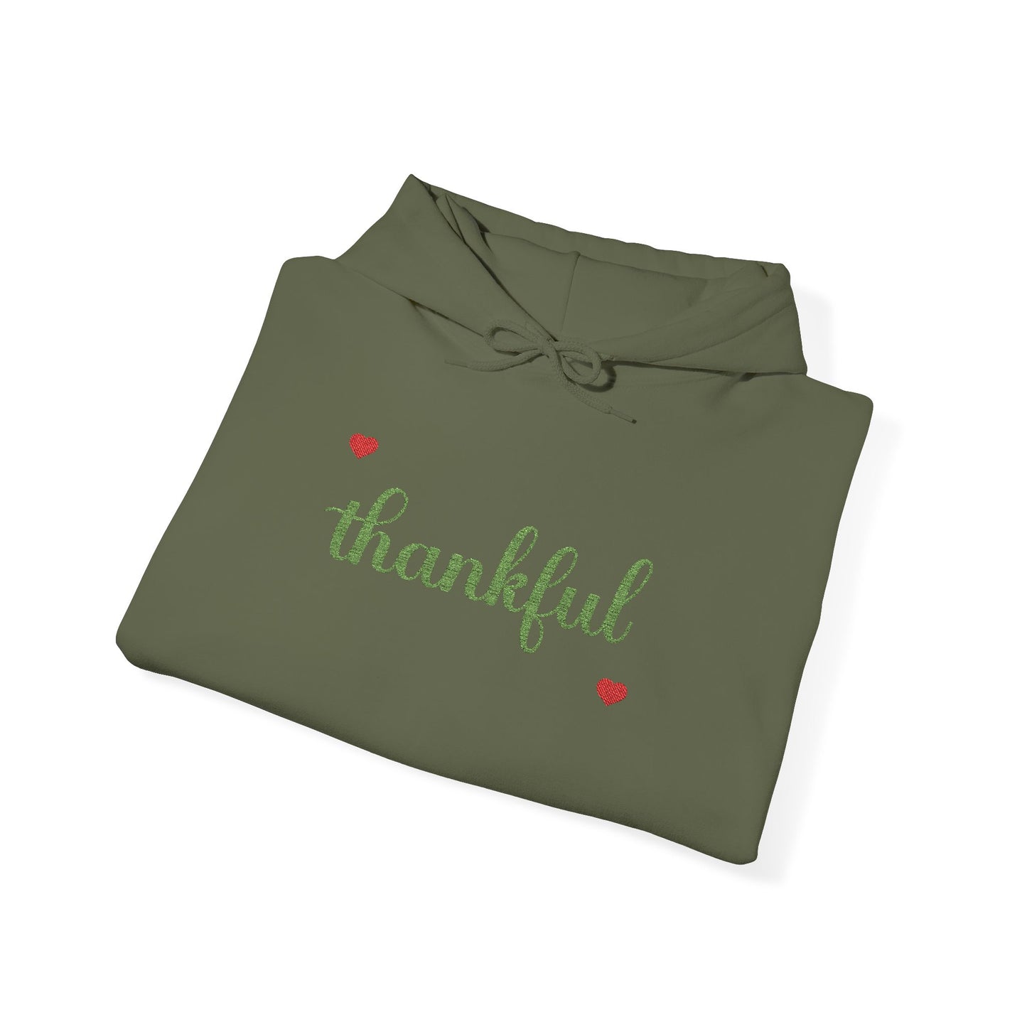 The Thankful Edit1 |Light Green Embroidered Thankful Hoodie, red hearts (multiple colors)