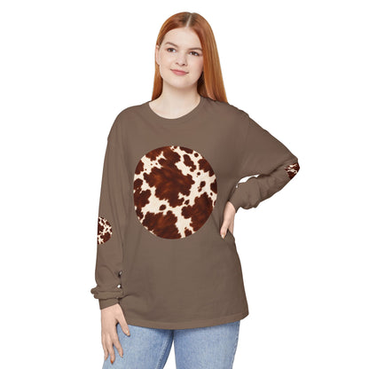 Cow| Brown & Cream Cowhide Circle Patch Long Sleeve Tee (Elbow Accents), multiple colors