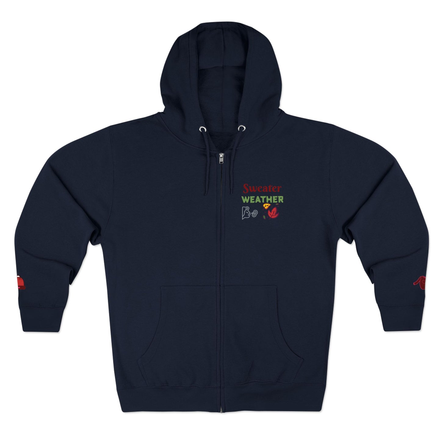 A navy blue zip-up hoodie with a kangaroo pocket, featuring a small graphic on the left chest that reads 'Sweater WEATHER' with a red heart and a small red graphic on the right sleeve.