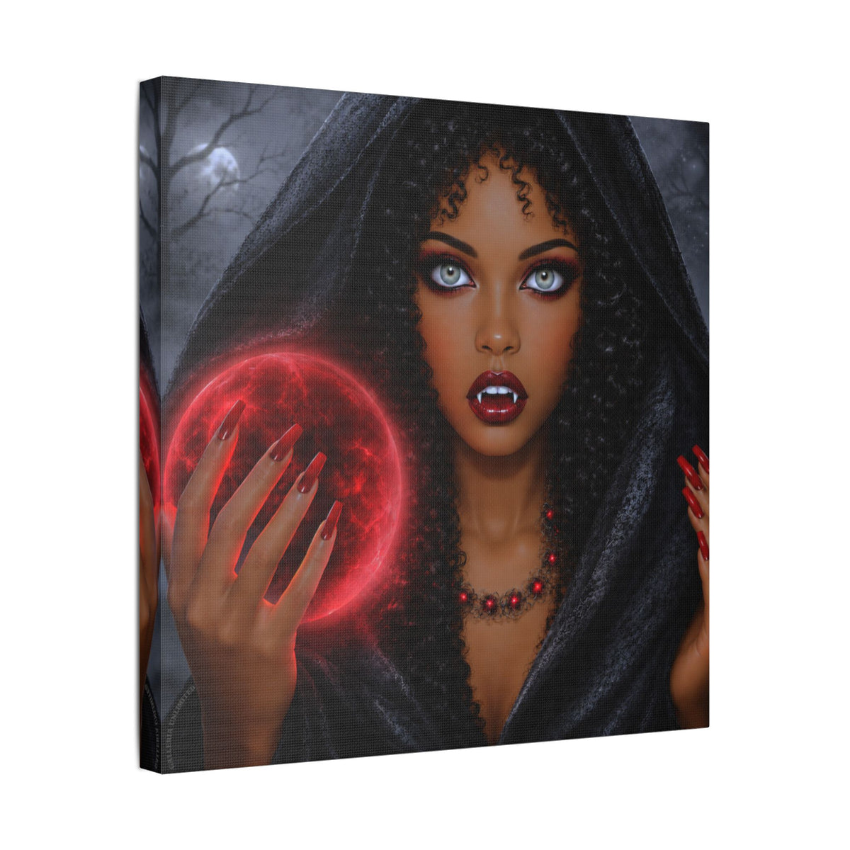 Gothic Witch Canvas Art — Vampire Sorceress with Red Orb (Satin Stretched)