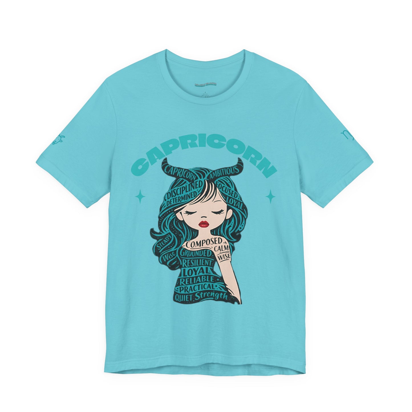 Capricorn | Word Art Graphic Tee2 (turquoise)--"Capricorn" Definition on Back