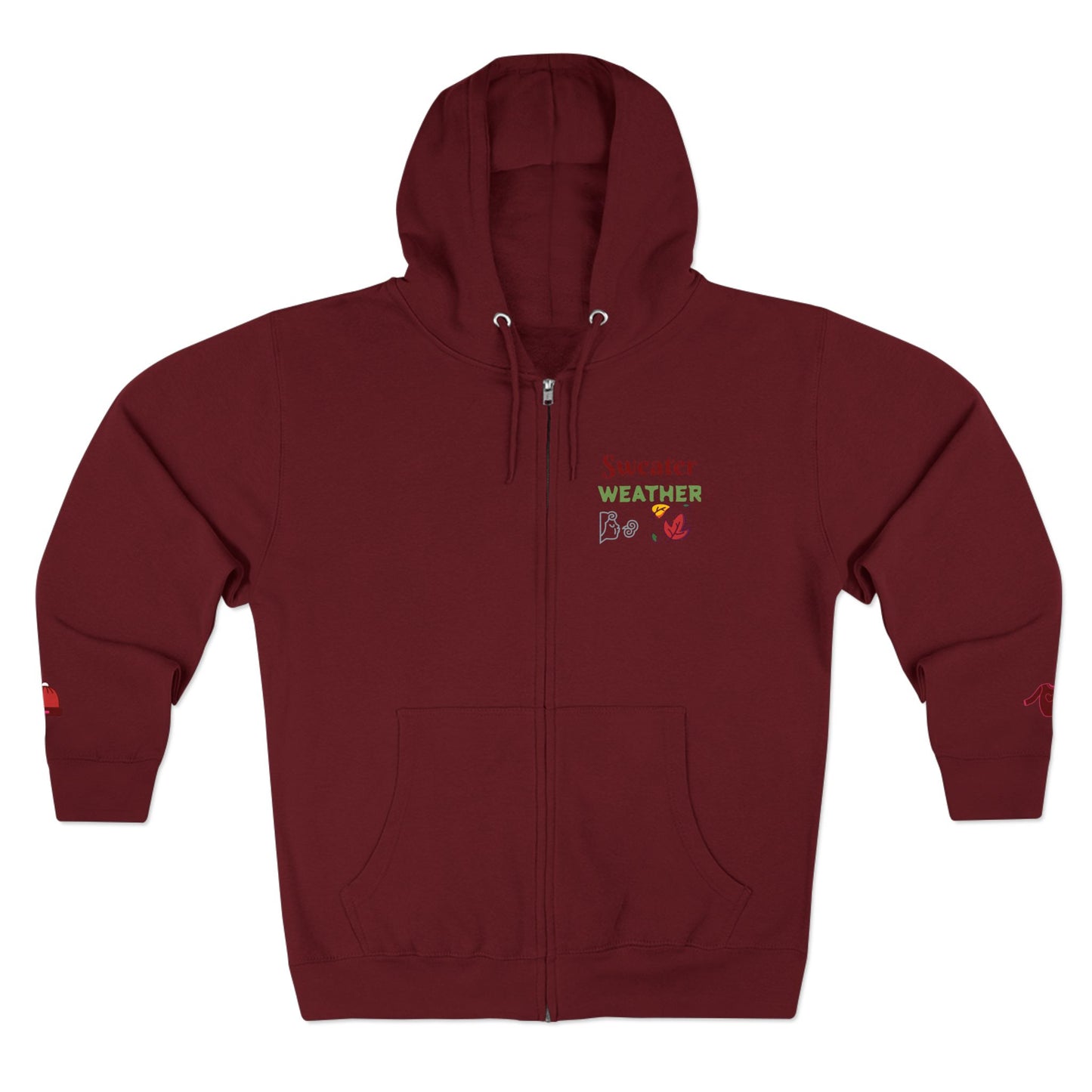 Maroon hoodie with a logo on the chest against a white background