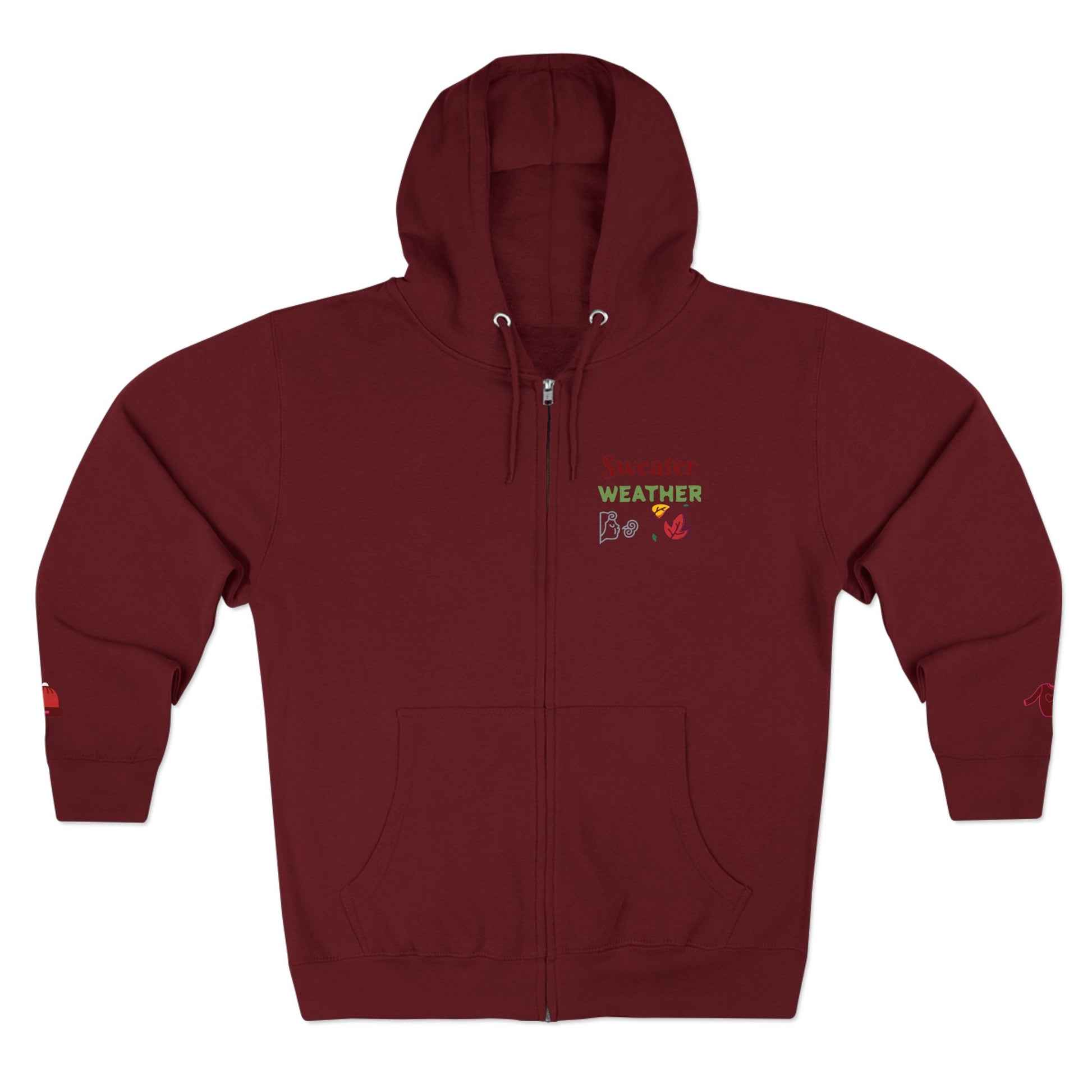 Maroon hoodie with a logo on the chest against a white background