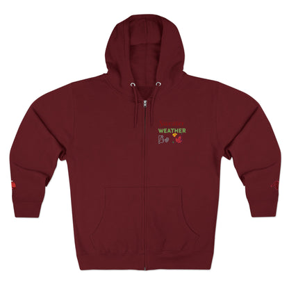 Maroon hoodie with a logo on the chest against a white background