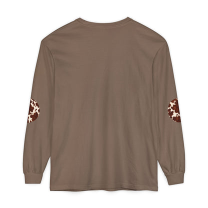 Cow| Brown & Cream Cowhide Circle Patch Long Sleeve Tee (Elbow Accents), multiple colors