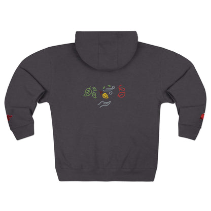 Harvest Haze 6 | 'Sweater Weather' Graphic Icon Zip Hoodie (non-embroidered) — Cozy Fall Hoodie with Autumn Icons, front and back design