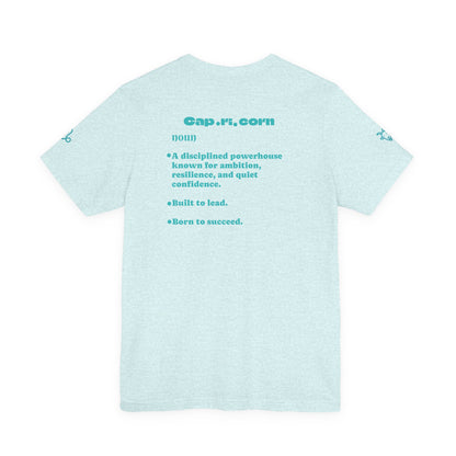 Capricorn | Word Art Graphic Tee2 (turquoise)--"Capricorn" Definition on Back