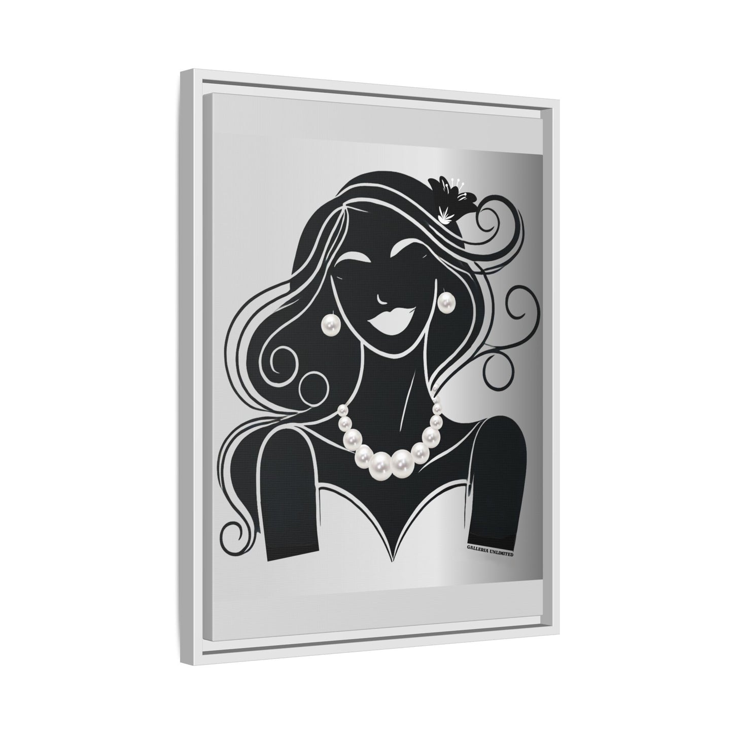 Pearls & Curls 1 | Black and White Framed Matte Canvas Wall Art