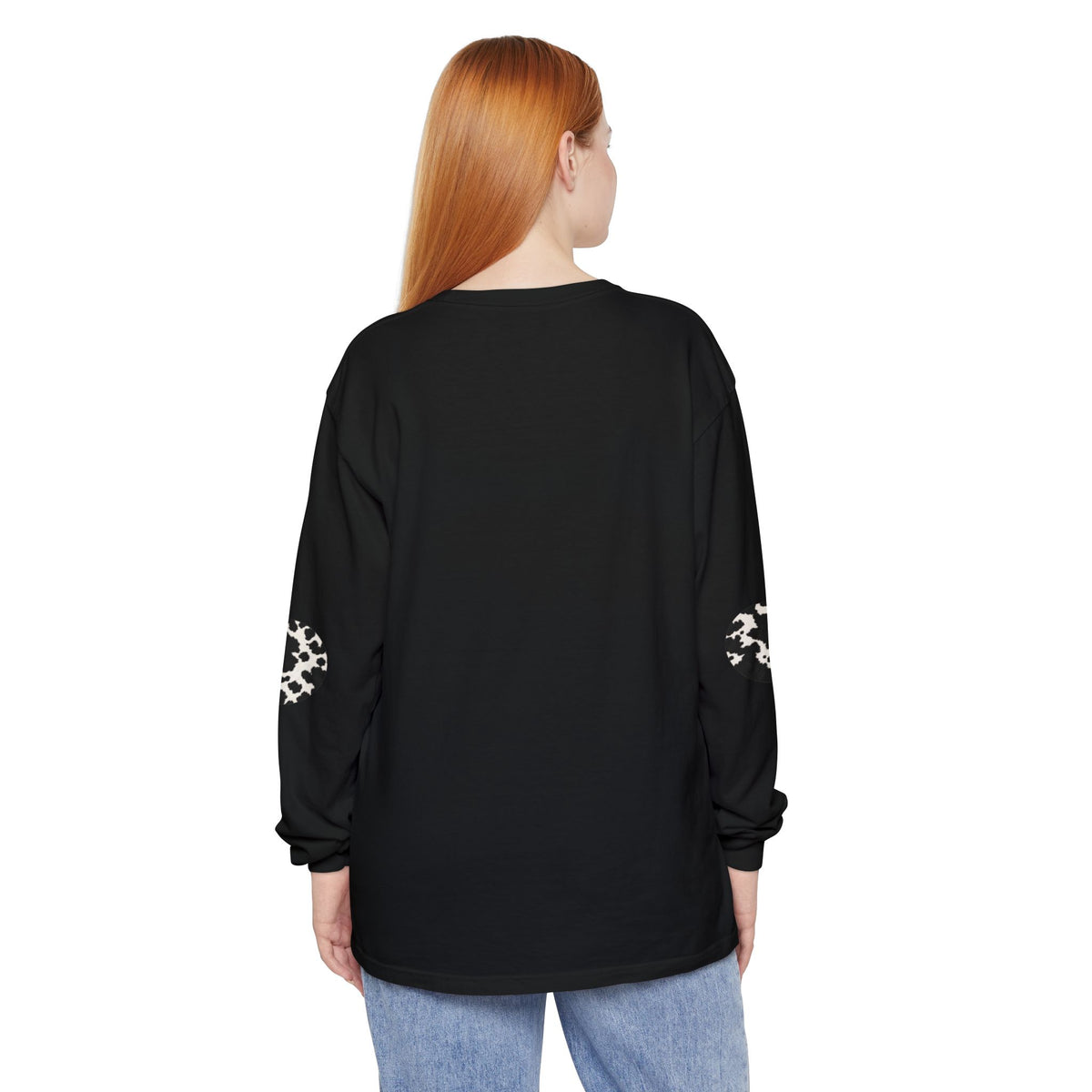 Cow | Black & White Cowhide Circle Patch Long Sleeve Tee (Elbow Accents)