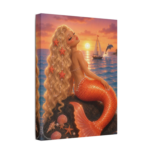 Sirens of the Gilded Sea | Amber Horizon, Satin Stretched Canvas Print