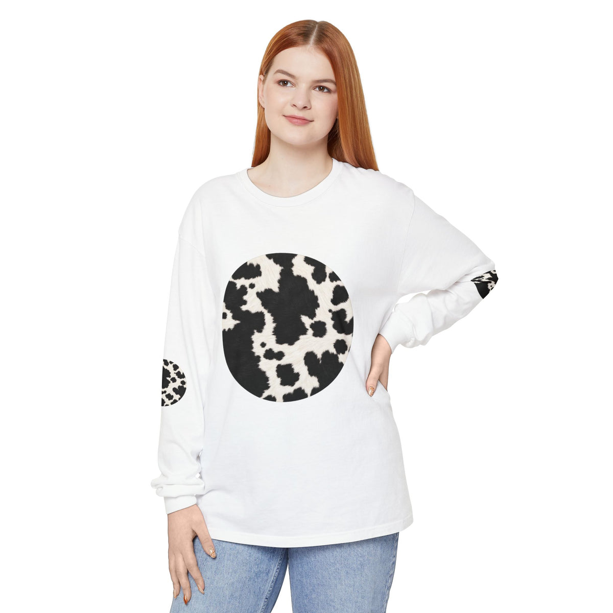 Cow | Black & White Cowhide Circle Patch Long Sleeve Tee (Elbow Accents)