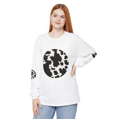 Cow | Black & White Cowhide Circle Patch Long Sleeve Tee (Elbow Accents)