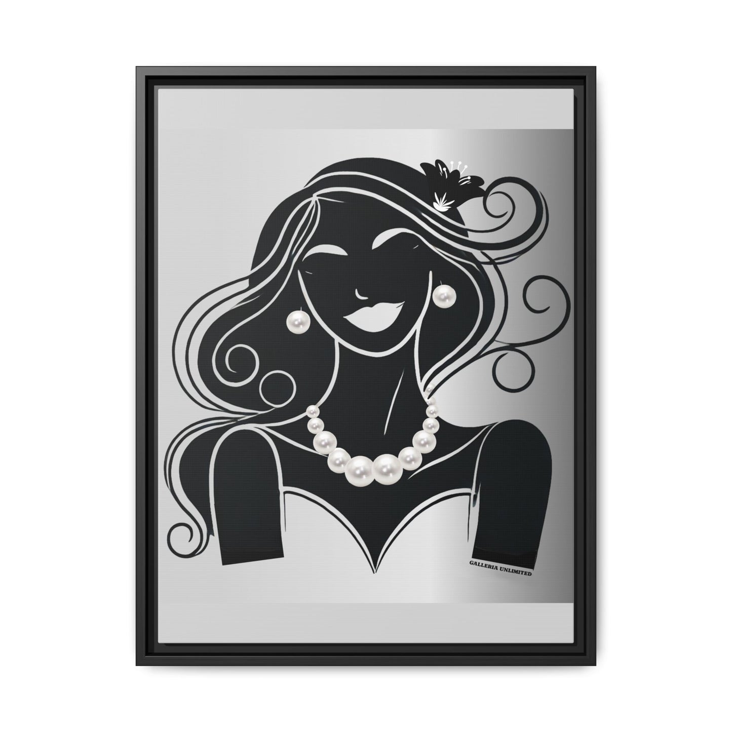 Pearls & Curls 1 | Black and White Framed Matte Canvas Wall Art