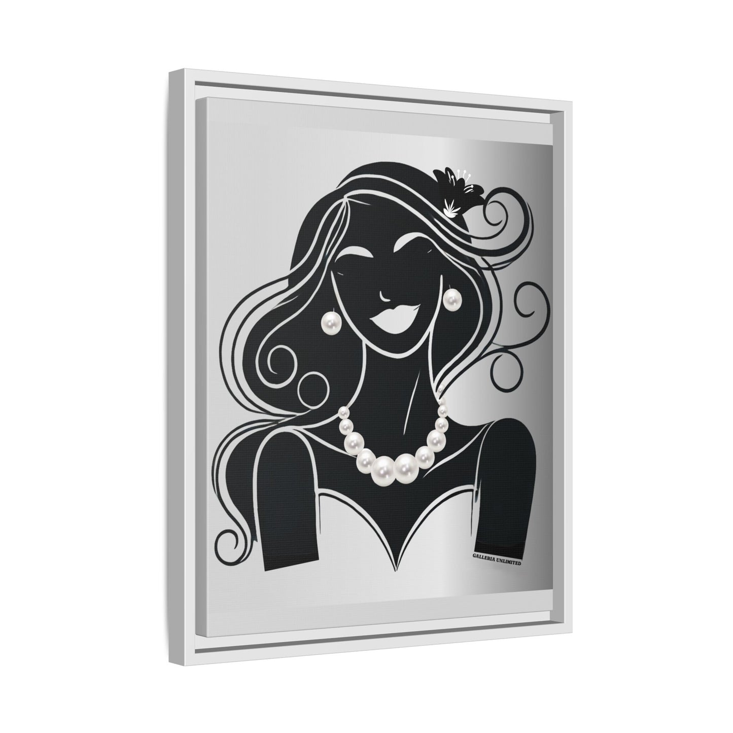 Pearls & Curls 1 | Black and White Framed Matte Canvas Wall Art
