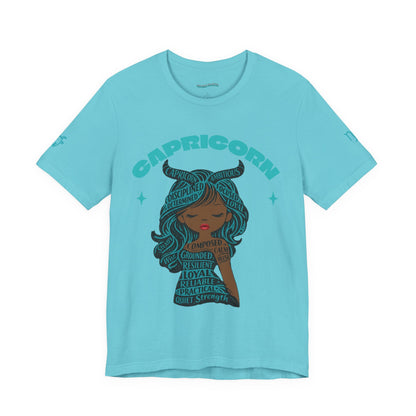 Capricorn | Word Art Graphic Tee2 (turquoise)--"Capricorn" Definition on Back