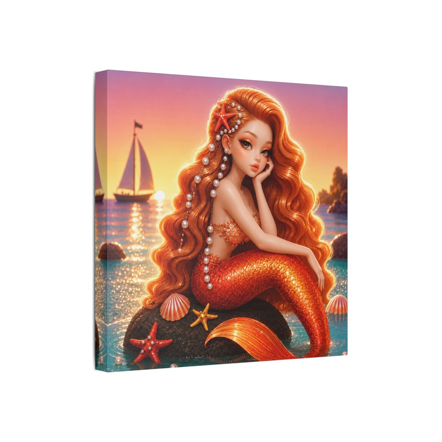 Sirens of the Gilded Sea | Pearl Tide, Satin Stretched Canvas Print