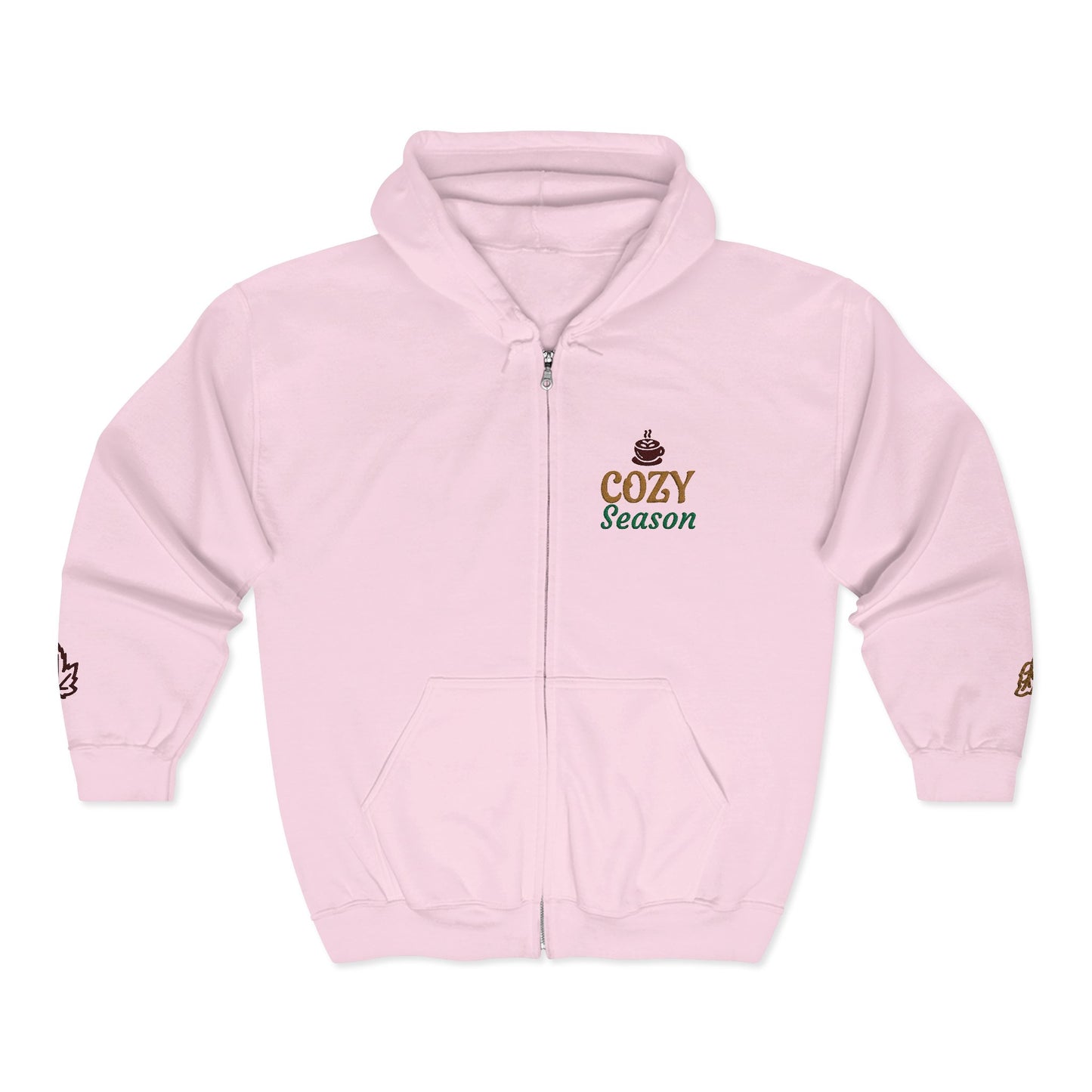 Harvest Haze | 'Cozy Season' Zip Hoodie — Autumn Coffee & Leaves Full-Zip Sweatshirt