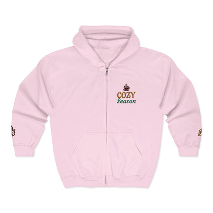 Harvest Haze | 'Cozy Season' Zip Hoodie — Autumn Coffee & Leaves Full-Zip Sweatshirt