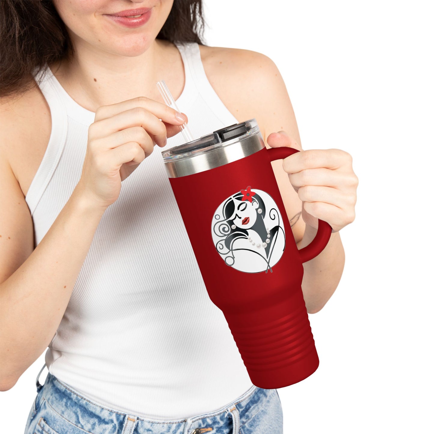 Pearls & Curls4 | Ruby Kiss - Insulated Travel Mug, 40oz (black, white, or red)