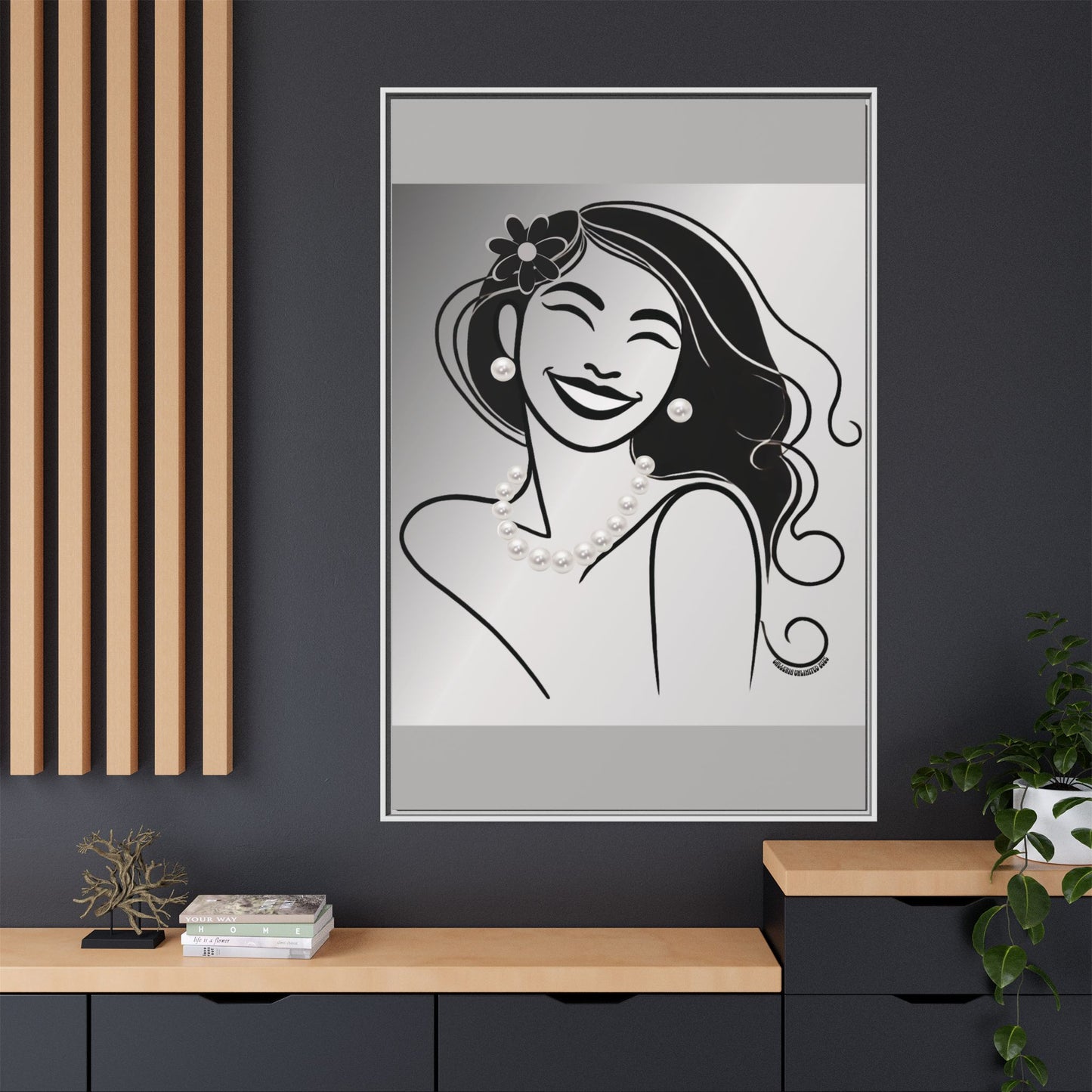 Pearls & Curls3 | Black and White - Framed Matte Canvas Art (black or white frame)
