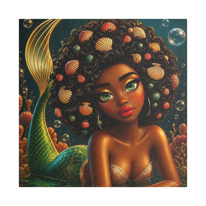 Sirens of the Gilded Sea | Emerald Sea Cavern, Satin Stretch Canvas Print