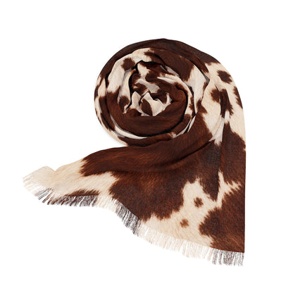 Cow | Cowhide Print Sheer Scarf — Brown & Cream Cow Pattern Lightweight Fashion Wrap