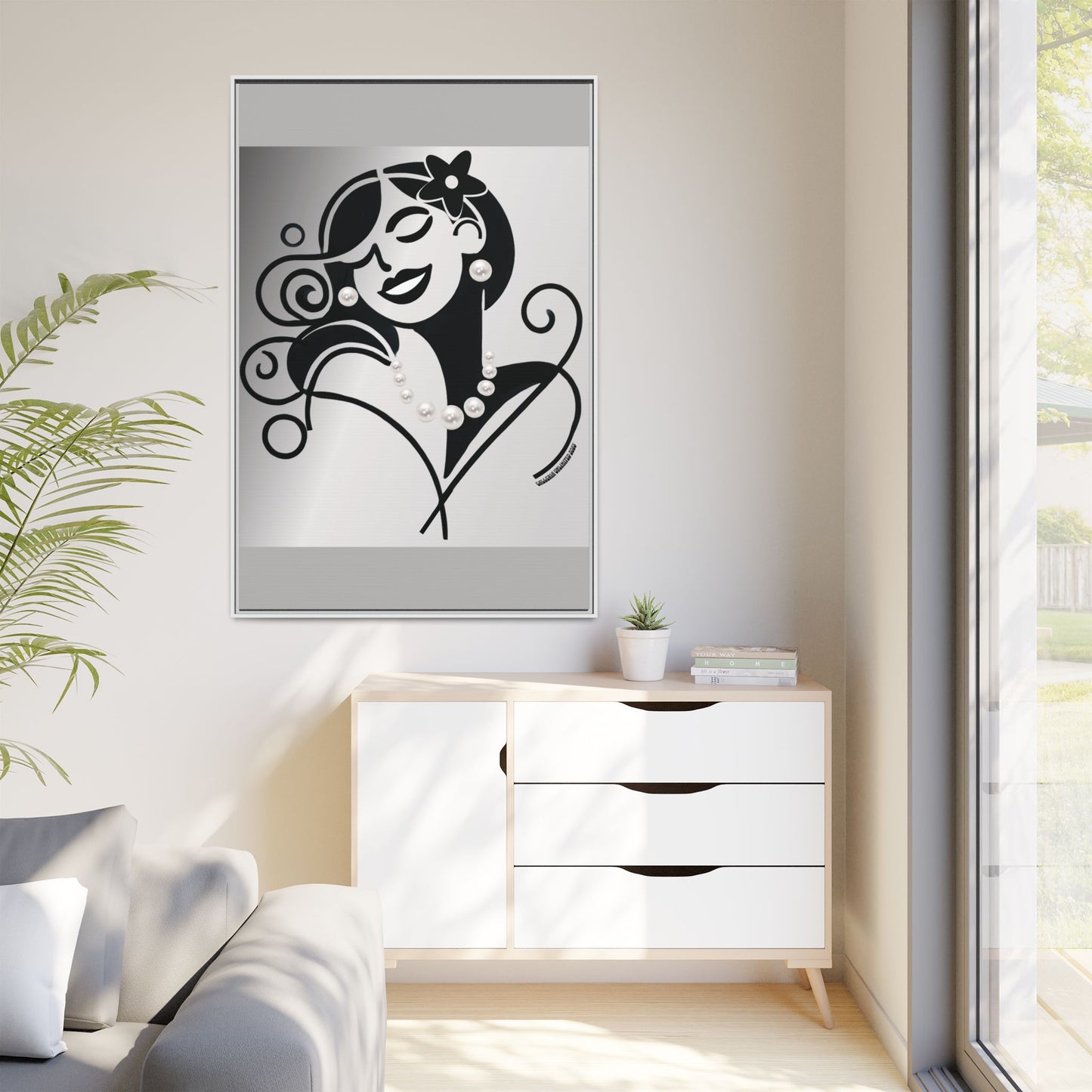 Pearls & Curls4 | Black and White - Framed Matte Canvas Art (black or white frame)