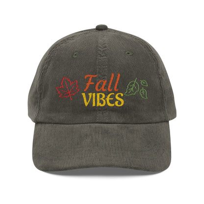 Harvest Haze | 'Fall Vibes' Embroidered Corduroy Cap - Autumn Leaf Baseball Hat