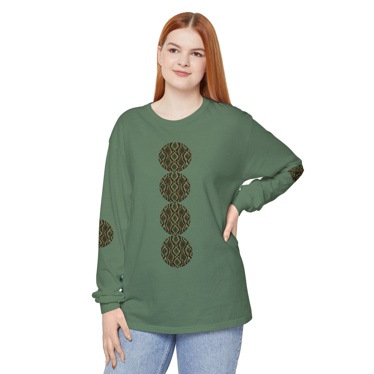 Snake | Olive Snakeskin Circle Patches Long Sleeve Tee (Elbow Accents), multiple shades
