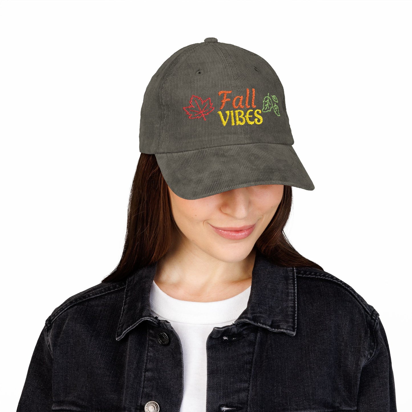 Harvest Haze | 'Fall Vibes' Embroidered Corduroy Cap - Autumn Leaf Baseball Hat