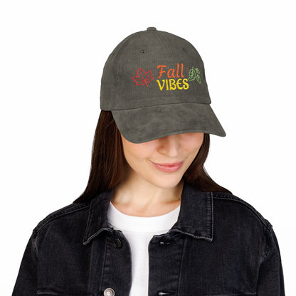 Harvest Haze | 'Fall Vibes' Embroidered Corduroy Cap - Autumn Leaf Baseball Hat