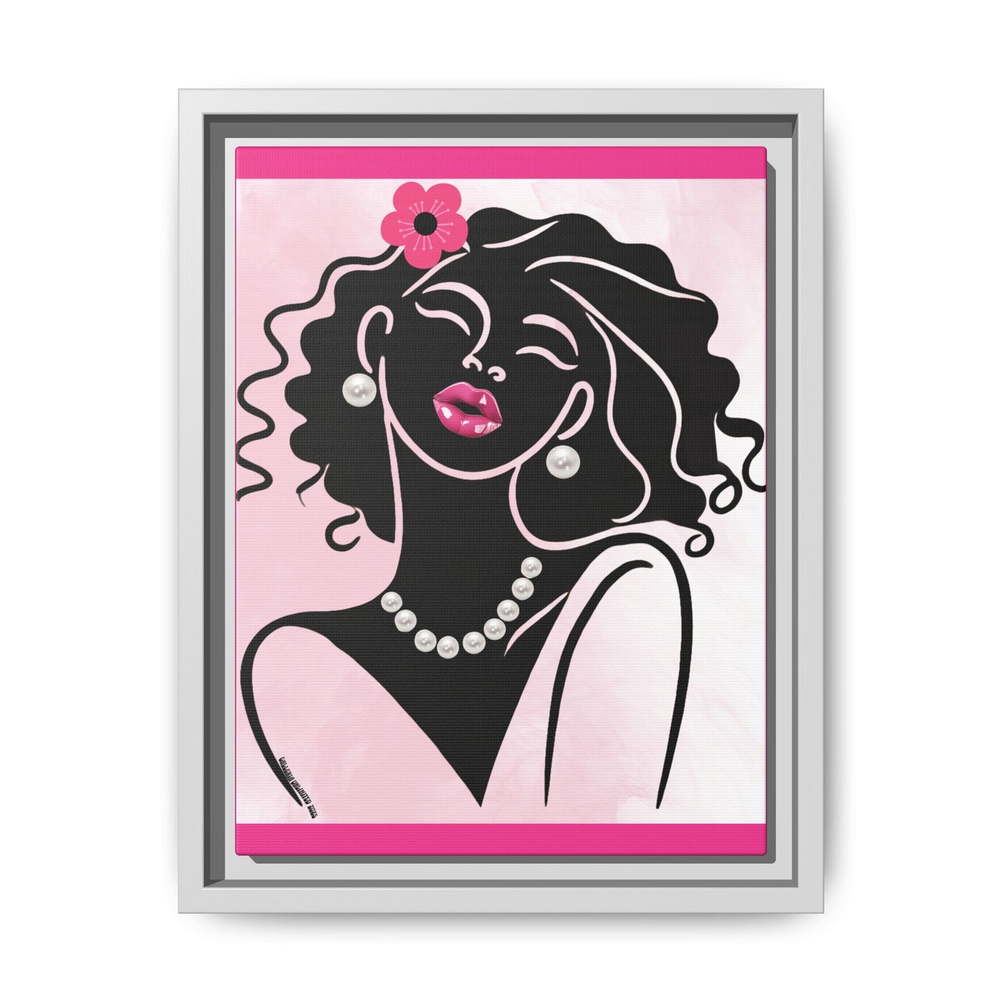 Pearls & Curls2 | Pink Pout - Framed Matte Canvas Art (black or white frame)