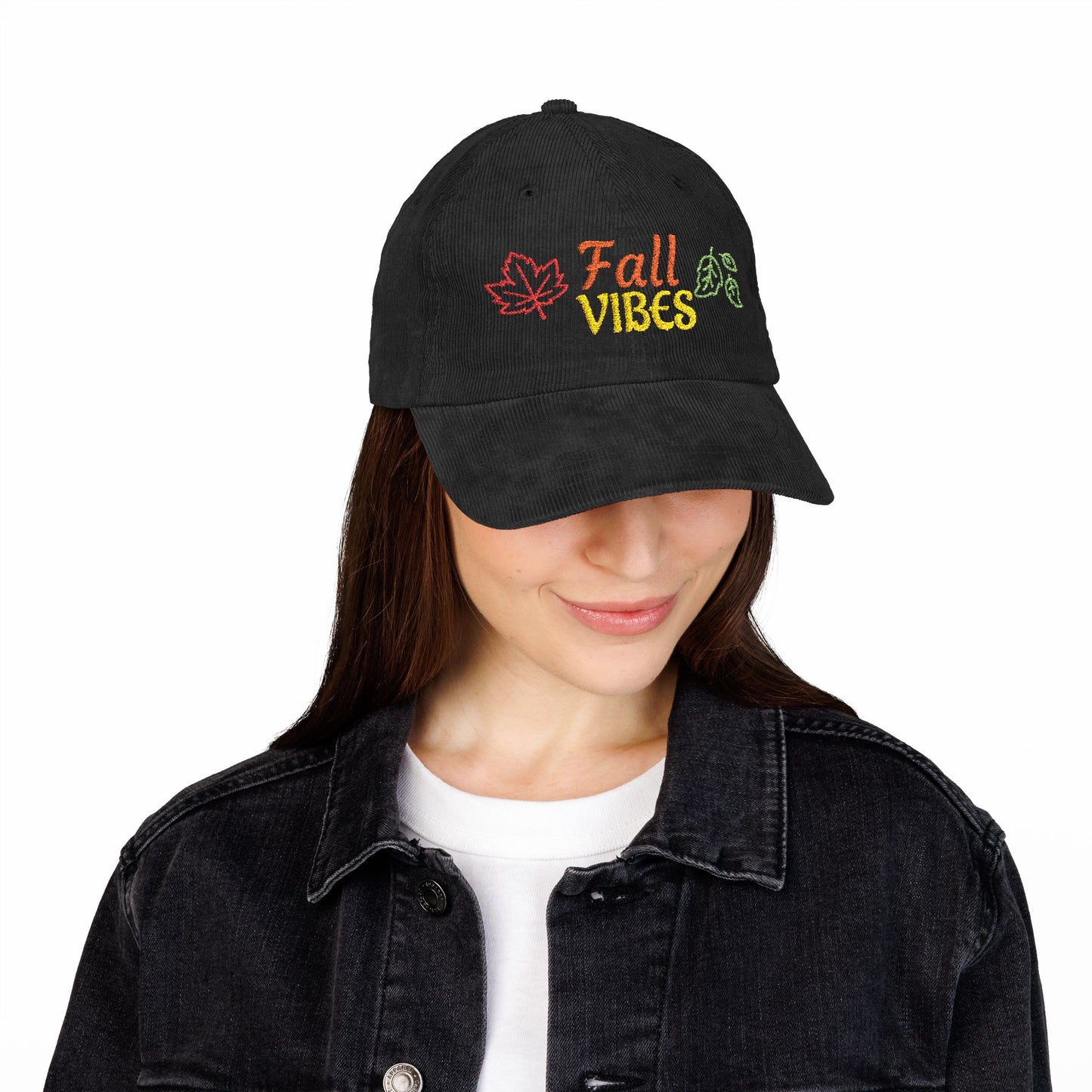 Harvest Haze | 'Fall Vibes' Embroidered Corduroy Cap - Autumn Leaf Baseball Hat