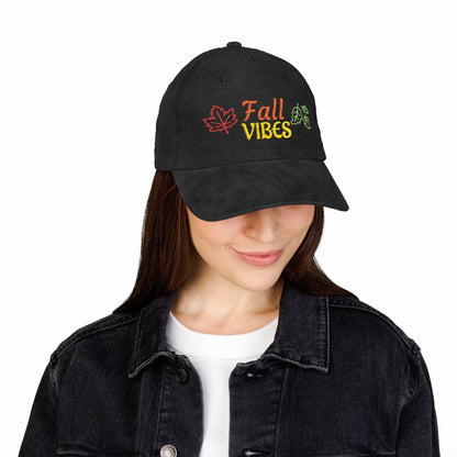 Harvest Haze | 'Fall Vibes' Embroidered Corduroy Cap - Autumn Leaf Baseball Hat