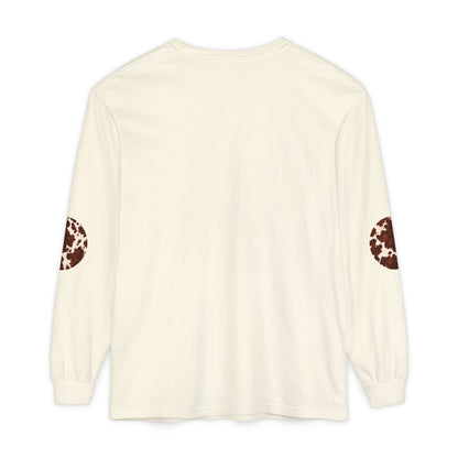 Cow| Brown & Cream Cowhide Circle Patch Long Sleeve Tee (Elbow Accents), multiple colors