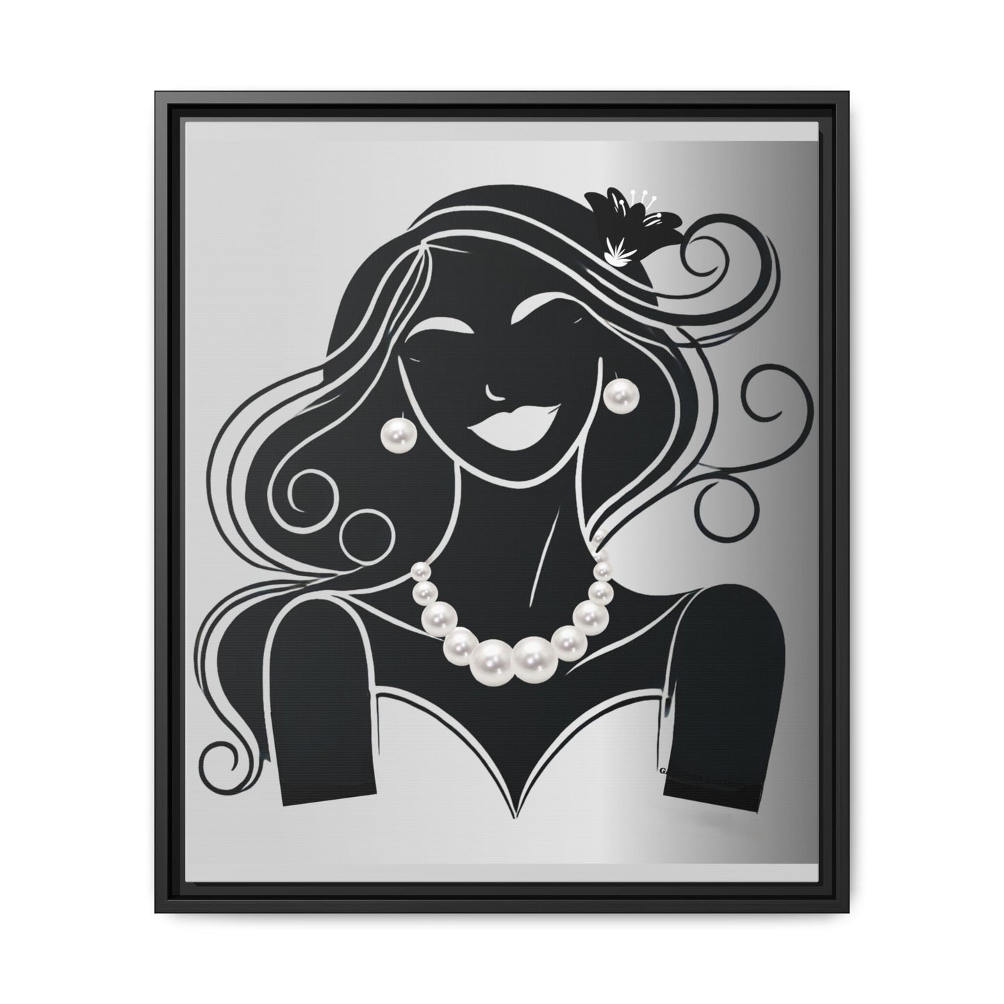 Pearls & Curls 1 | Black and White Framed Matte Canvas Wall Art
