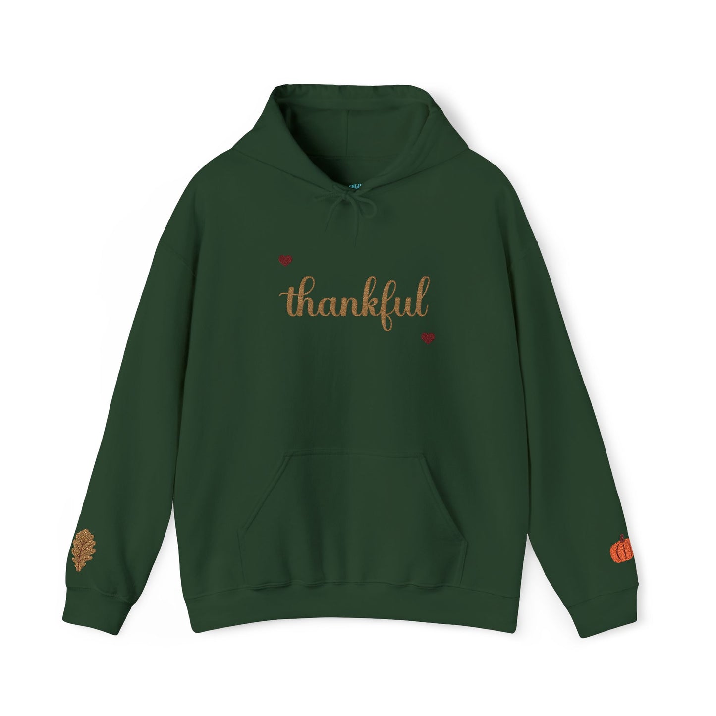 The Thankful Edit1 | Gold Embroidered Thankful Hoodie, maroon hearts (multiple colors)