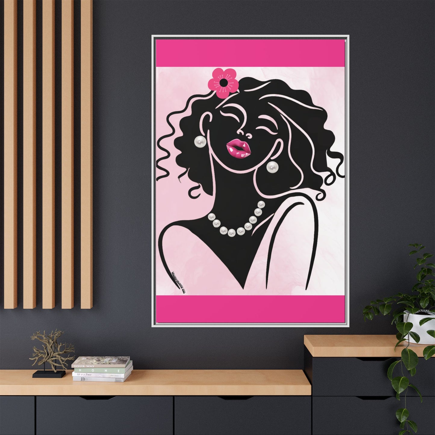 Pearls & Curls2 | Pink Pout - Framed Matte Canvas Art (black or white frame)