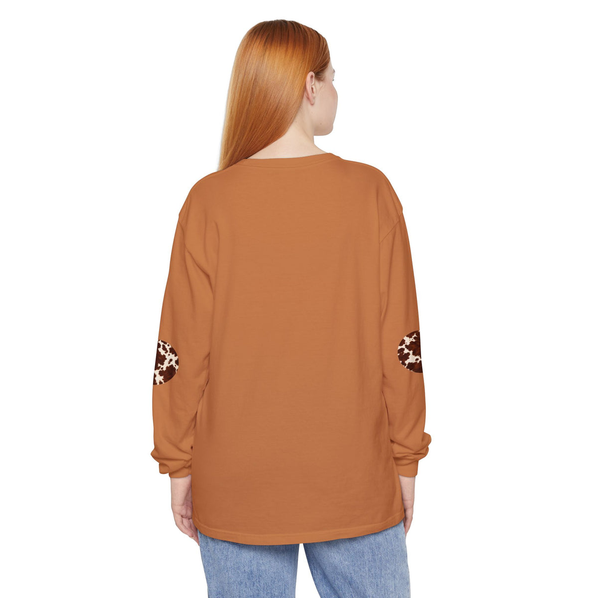 Cow| Brown & Cream Cowhide Circle Patch Long Sleeve Tee (Elbow Accents), multiple colors