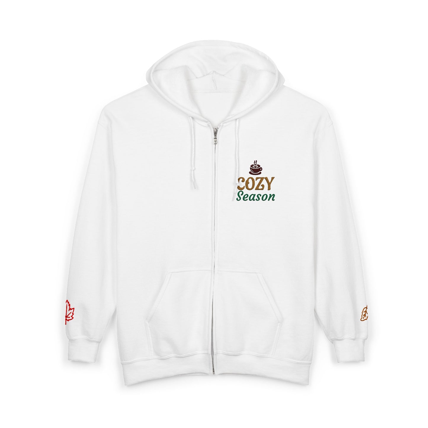 Harvest Haze | 'Cozy Season' Zip Hoodie — Autumn Coffee & Leaves Full-Zip Sweatshirt