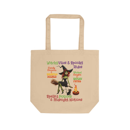Harvest 'Ween 1 | 'Witchy Vibes' Halloween Tote Bag — "Bats & Cats & Pointy Hats" Eco Cotton Shopper