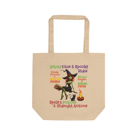 Harvest 'Ween 1 | 'Witchy Vibes' Halloween Tote Bag — "Bats & Cats & Pointy Hats" Eco Cotton Shopper